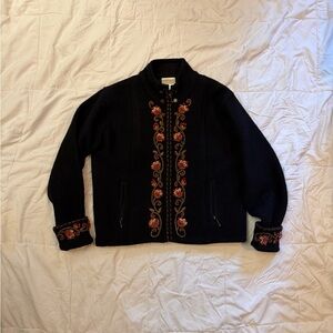 Coldwater Creek Embroidered Black Wool Jacket with Floral Trim